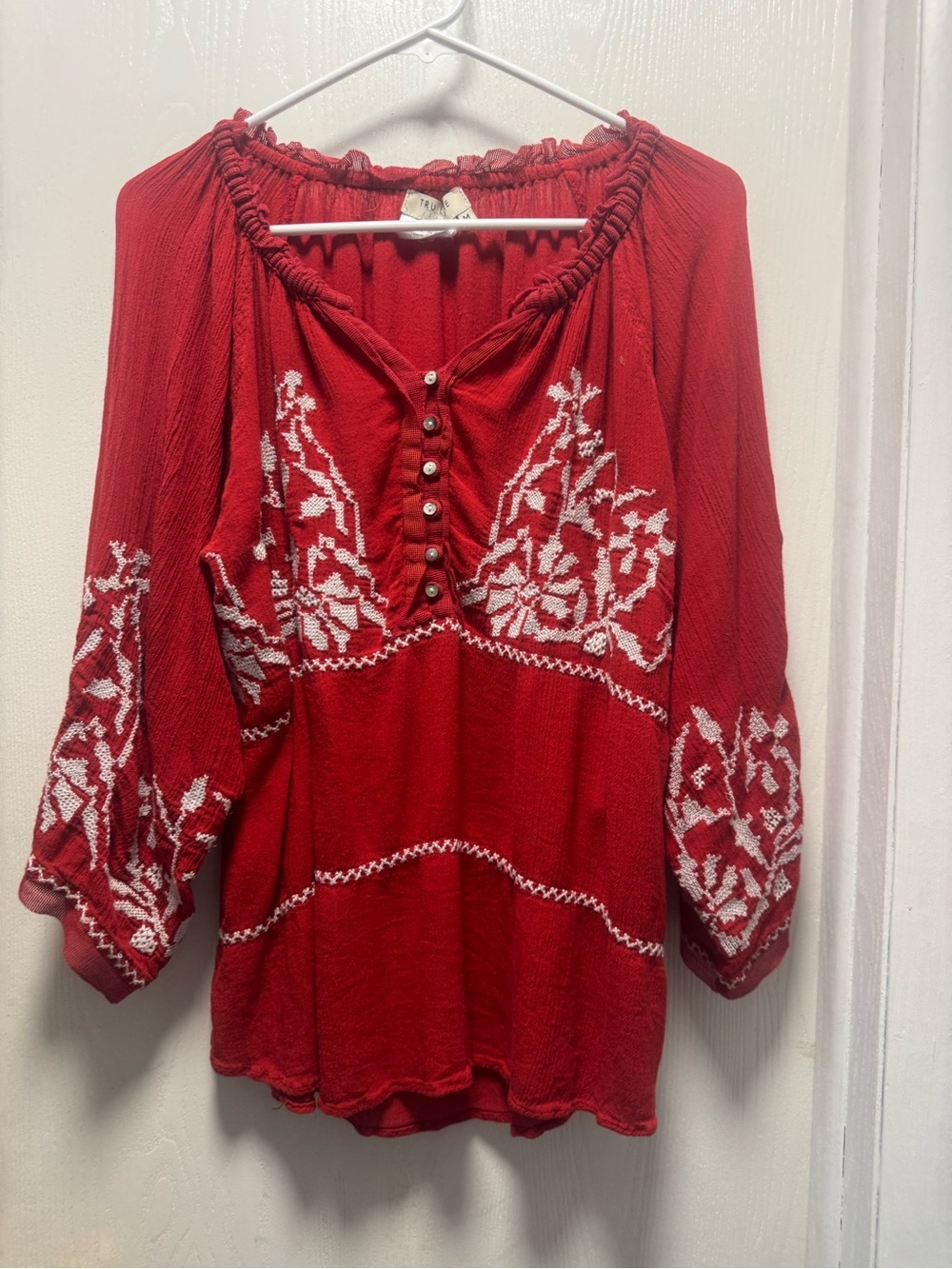 Tru Luxe Jeans Red Embroidered Peasant Tunic Top